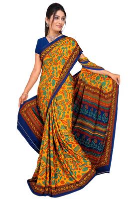 Yellow printed silk blend saree with blouse 1