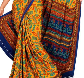 Yellow printed silk blend saree with blouse 2