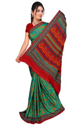 Green printed art silk saree with blouse 1