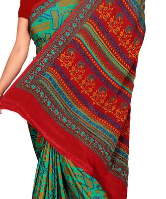 Green printed art silk saree with blouse 2
