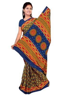 Multicolor printed art silk saree with blouse 1