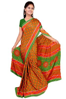 Orange printed art silk saree with blouse 1