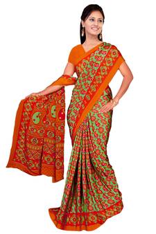 Orange printed art silk saree with blouse