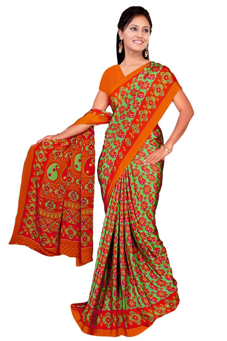 Orange printed art silk saree with blouse