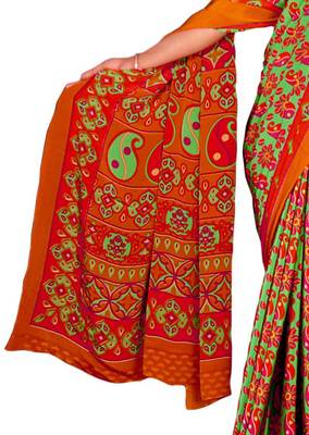 Orange printed silk blend saree with blouse 2