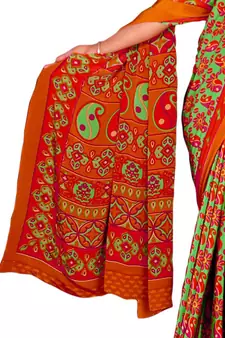 Orange printed silk blend saree with blouse