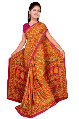 Orange printed art silk saree with blouse 1