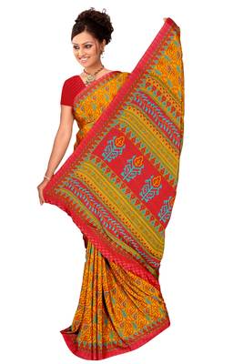 Yellow printed art silk saree with blouse 1