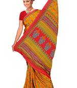 Yellow printed art silk saree with blouse