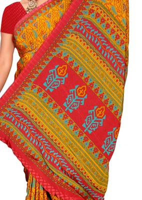 Yellow printed art silk saree with blouse 2