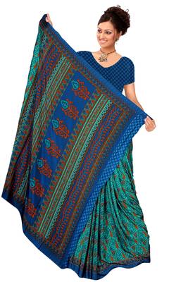 Turquoise printed art silk saree with blouse 1
