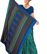 Turquoise printed art silk saree with blouse