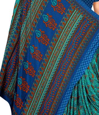 Turquoise printed art silk saree with blouse 2