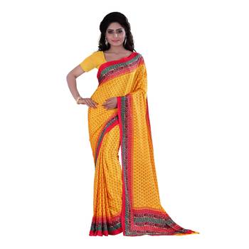Yellow printed art silk saree with blouse 1