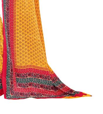 Yellow printed art silk saree with blouse 2