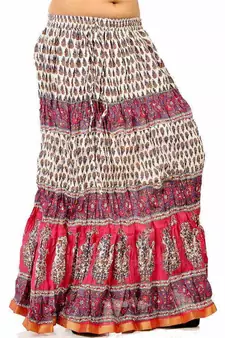 Ethnic Crushed White N Pink Cotton Long Skirt