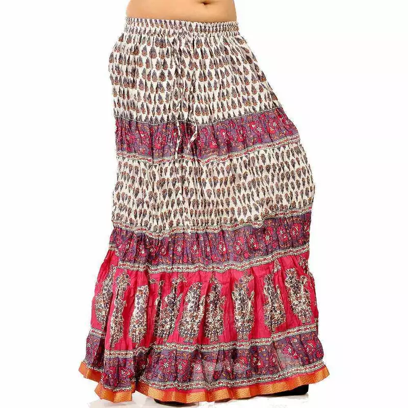 Ethnic Crushed White N Pink Cotton Long Skirt