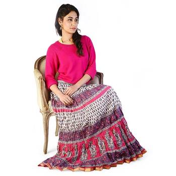 Ethnic Crushed White N Pink Cotton Long Skirt 3