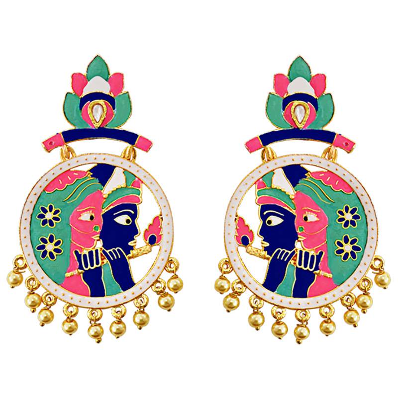 Designer Meenakari Gold Plated Radha Krishna Brass Bali Jhumki Earring Set 571