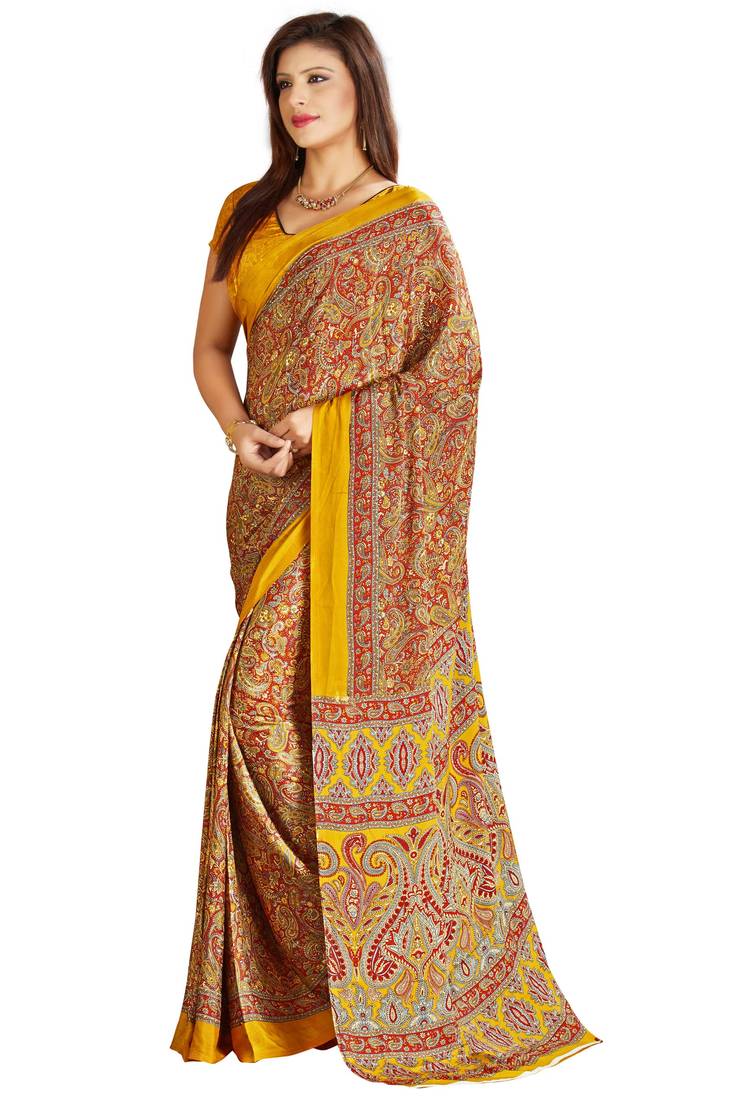 Yellow printed art silk saree with blouse