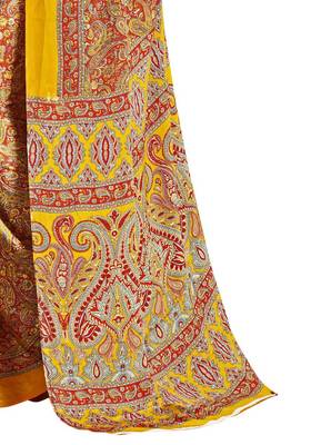 Yellow printed silk blend saree with blouse 2