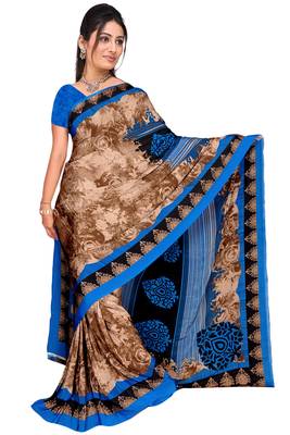 Brown printed silk blend saree with blouse 1
