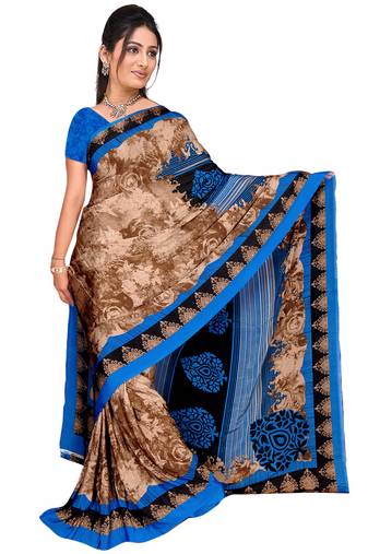 Brown printed art silk saree with blouse