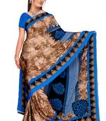 Brown printed art silk saree with blouse