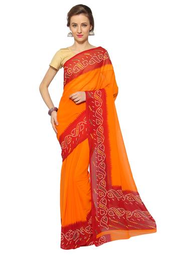Orange printed georgette saree with blouse