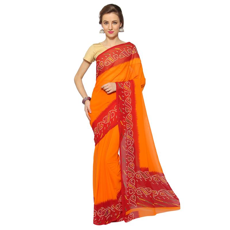 Orange printed georgette saree with blouse