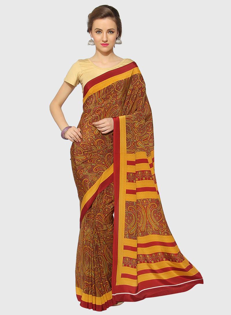 Maroon printed crepe saree with blouse