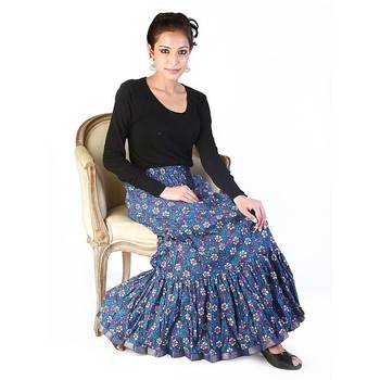 Fish Cut Floral Print Blue Pure Cotton Skirt 3