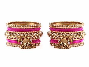Magenta Gold Plated Stone Studded Aluminum Jhumki Bangles 3