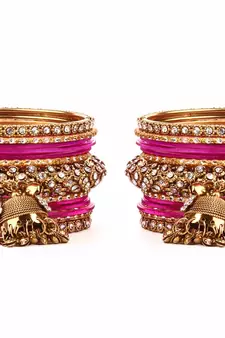 Magenta Gold Plated Stone Studded Aluminum Jhumki Bangles