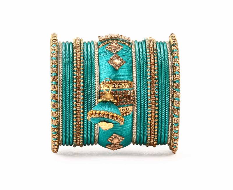 Bridal Silk Thread Bangle Set With Jhumki And Velvet Bangles For Two Hands Rama Green
