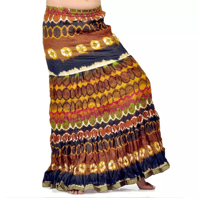 Crushed Style Blue Brown Cotton Long Skirt