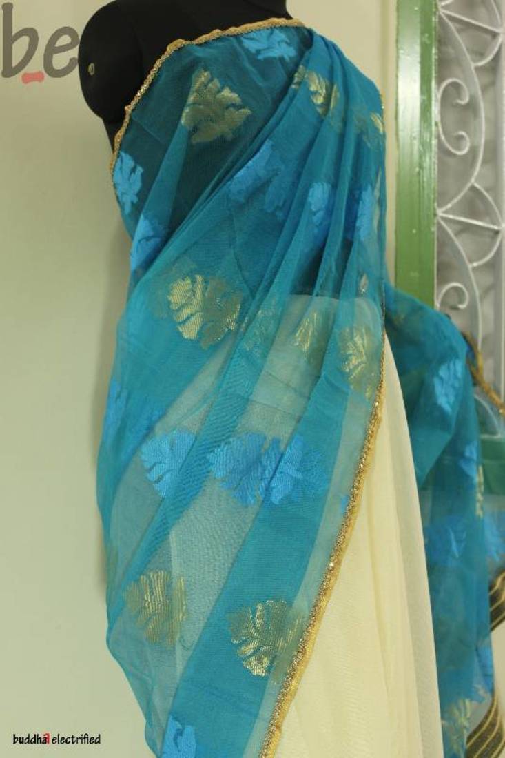 Ferozi banarsi Net- Cream Jute Tissue Saree