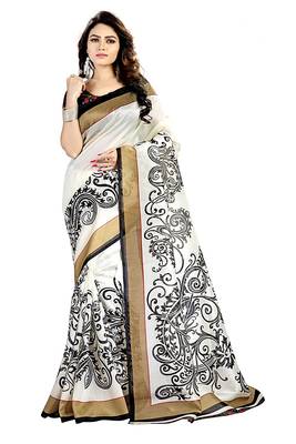 White Printed Bhagalpuri Silk saree with blouse 1