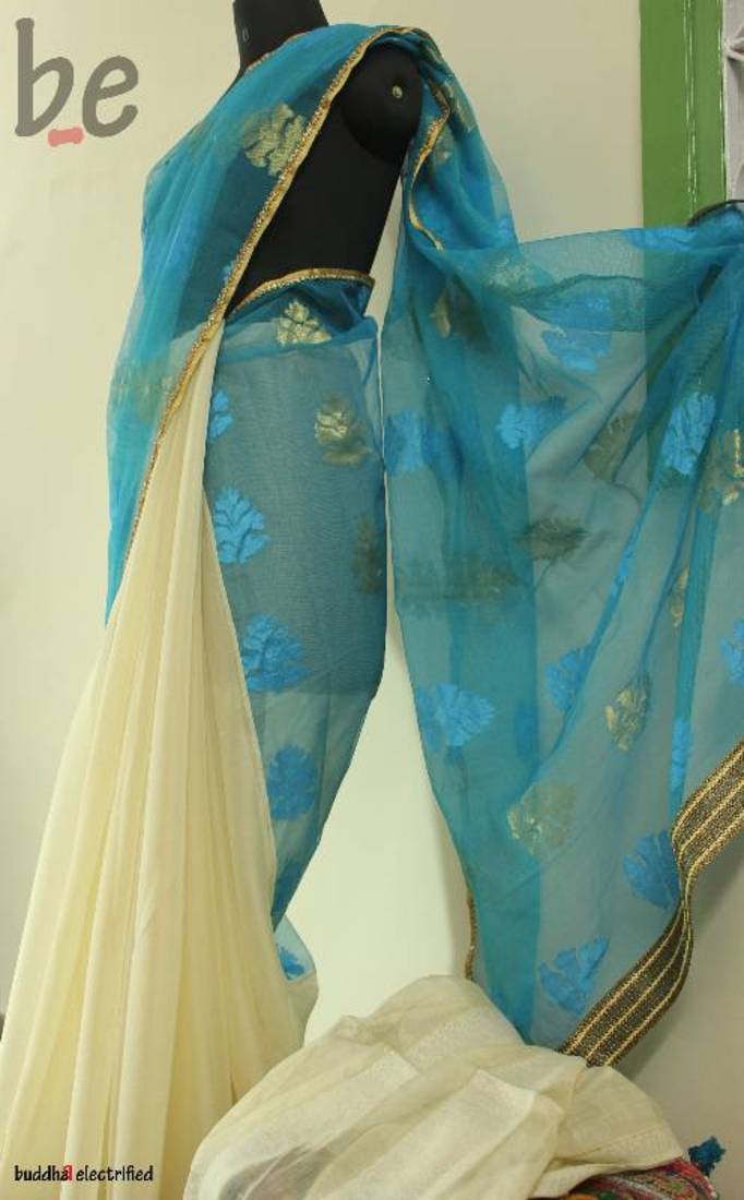 Ferozi banarsi Net- Cream Jute Tissue Saree