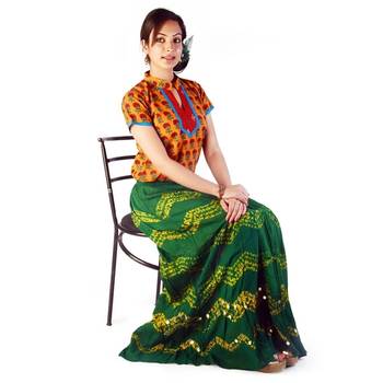 Bandhej Green N Yellow Exclusive Cotton Skirt 3