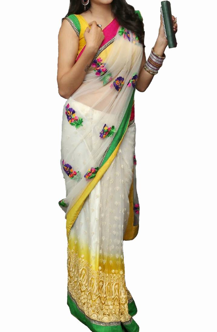 white embroidered net saree with blouse