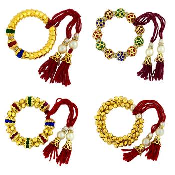 Handcrafted Multicolor Thread Gold Plated Pearl CZ Free Size Stretchable Bracelet Bangle Combo For Kids Girls Women 1