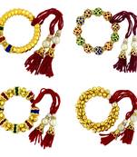 Handcrafted Multicolor Thread Gold Plated Pearl CZ Free Size Stretchable Bracelet Bangle Combo For Kids Girls Women