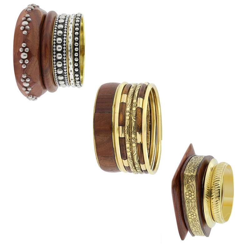 Handmade Fancy Shape Trendy Stylish Antique Gold Plated Wood Bangle Kada Set Of 4 Combo For Girls Women