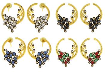 Flower Filigree Victorian Kundan American Diamond Gold Plated Crescent Stud Earring Combo For Women 1