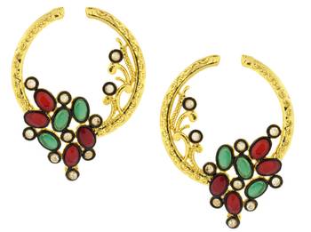 Flower Filigree Victorian Kundan American Diamond Gold Plated Crescent Stud Earring Combo For Women 5