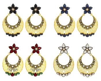 Filigree Flower Chaand Bali Multicolor American Diamond CZ Gold Plated Earring Combo For Women 1