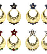 Filigree Flower Chaand Bali Multicolor American Diamond CZ Gold Plated Earring Combo For Women
