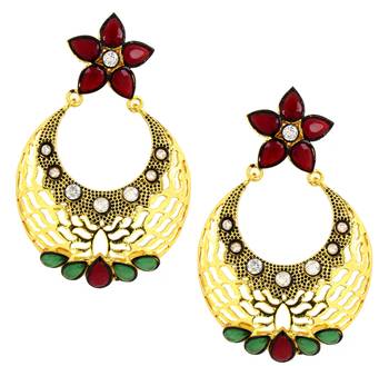 Filigree Flower Chaand Bali Multicolor American Diamond CZ Gold Plated Earring Combo For Women 4