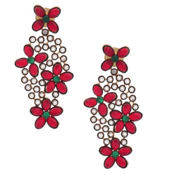 Floral Multicolor Kundan Gold Plated Dangling Delicate Earring Combo For Women 4